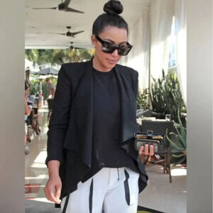 Helmut Lang Blazer Jacket Flash Drape Waterfall Shoulder Pads Navy Black Size 2